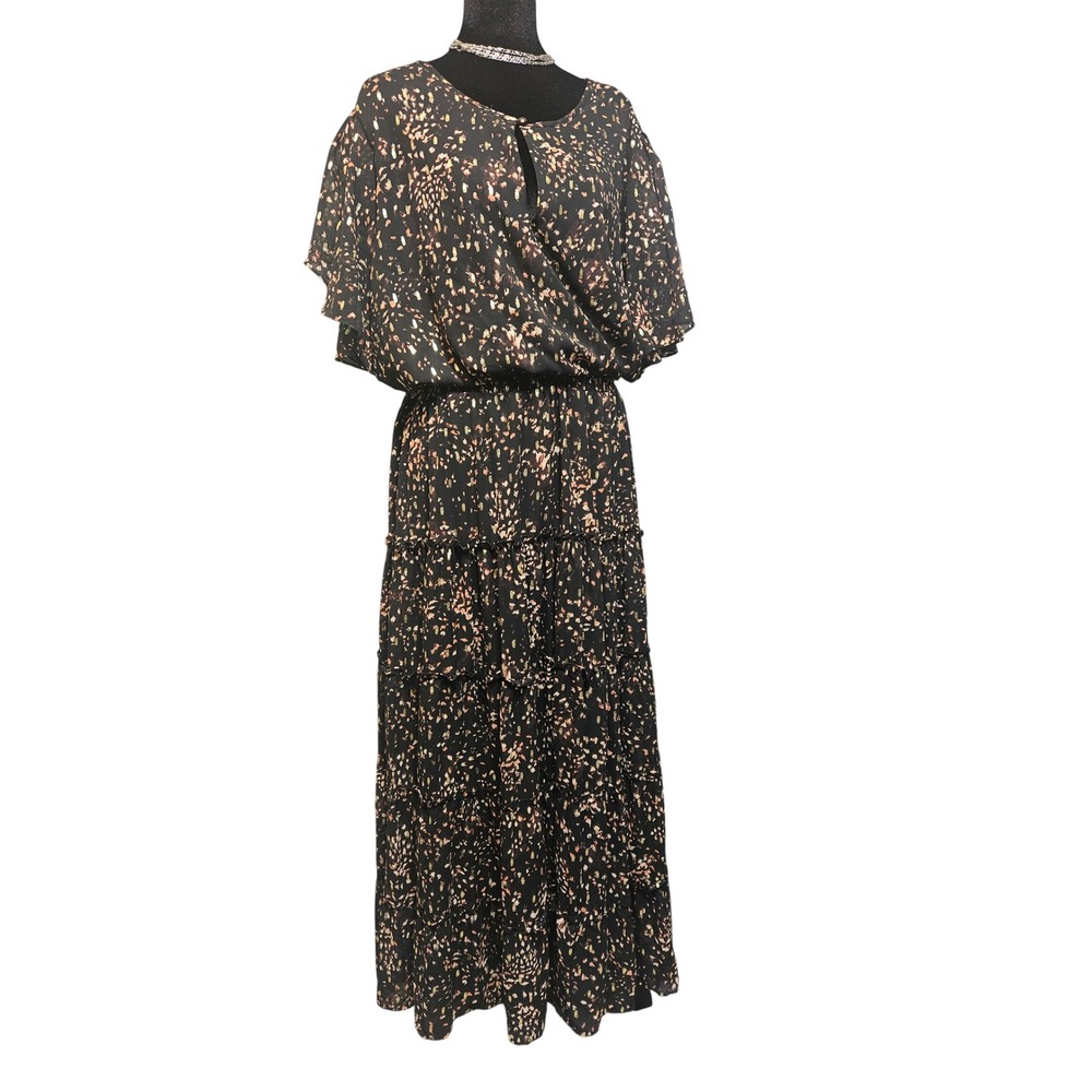 Sam and Jess Women 2X Maxi Dress Rich Black Metallic Gold Tiered Smocked DA92627
